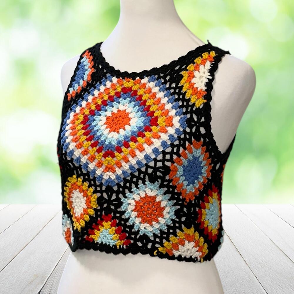 ALTAR'D STATE Granny Square Crochet Crop Top Sweater Vest Boho Retro Womens XS